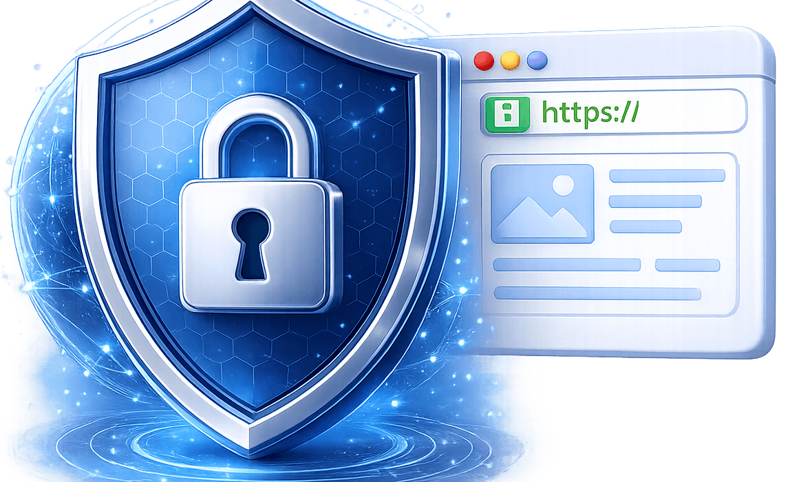 Security shield and padlock beside a secure HTTPS browser window representing safe web browsing