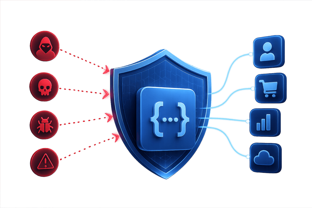 Diagram showing cyber threats such as hackers, malware and bugs being blocked by an API security shield protecting user data