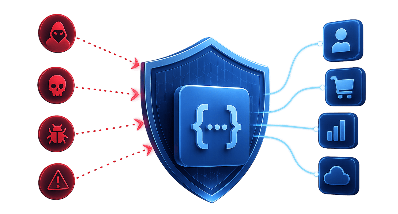 Diagram showing cyber threats such as hackers, malware and bugs being blocked by an API security shield protecting user data