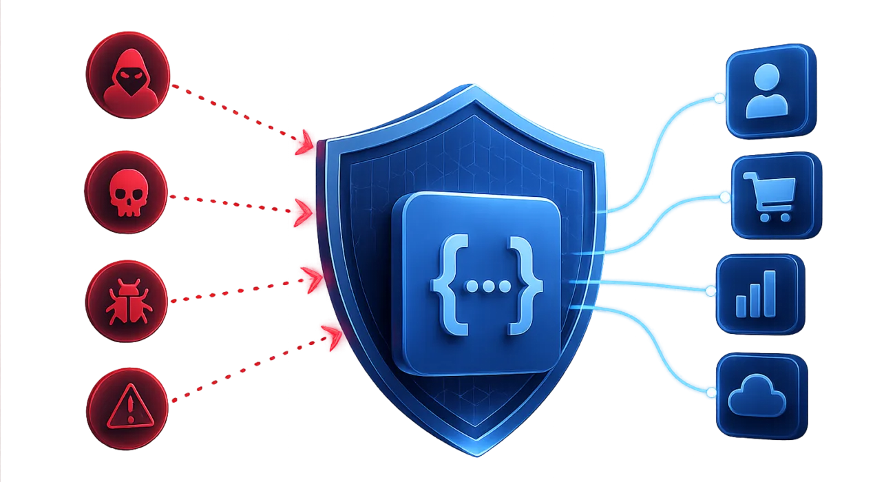 Diagram showing cyber threats such as hackers, malware and bugs being blocked by an API security shield protecting user data