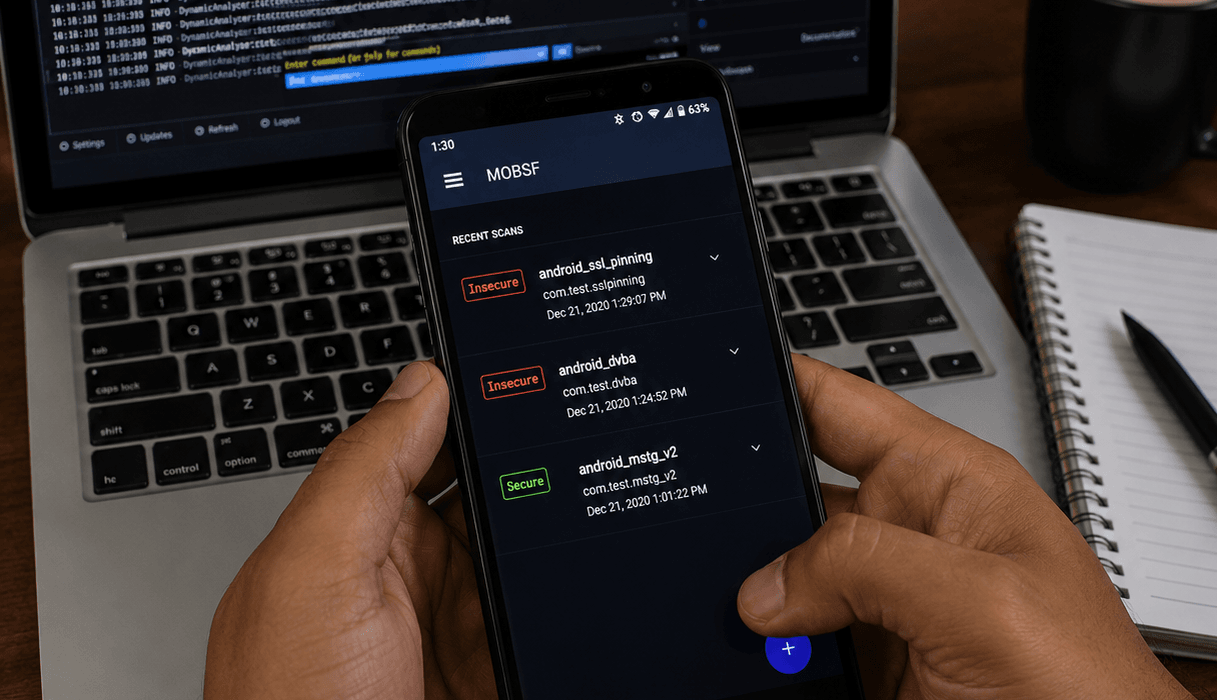 Security analyst reviewing mobile app vulnerability scan results on a smartphone during penetration testing