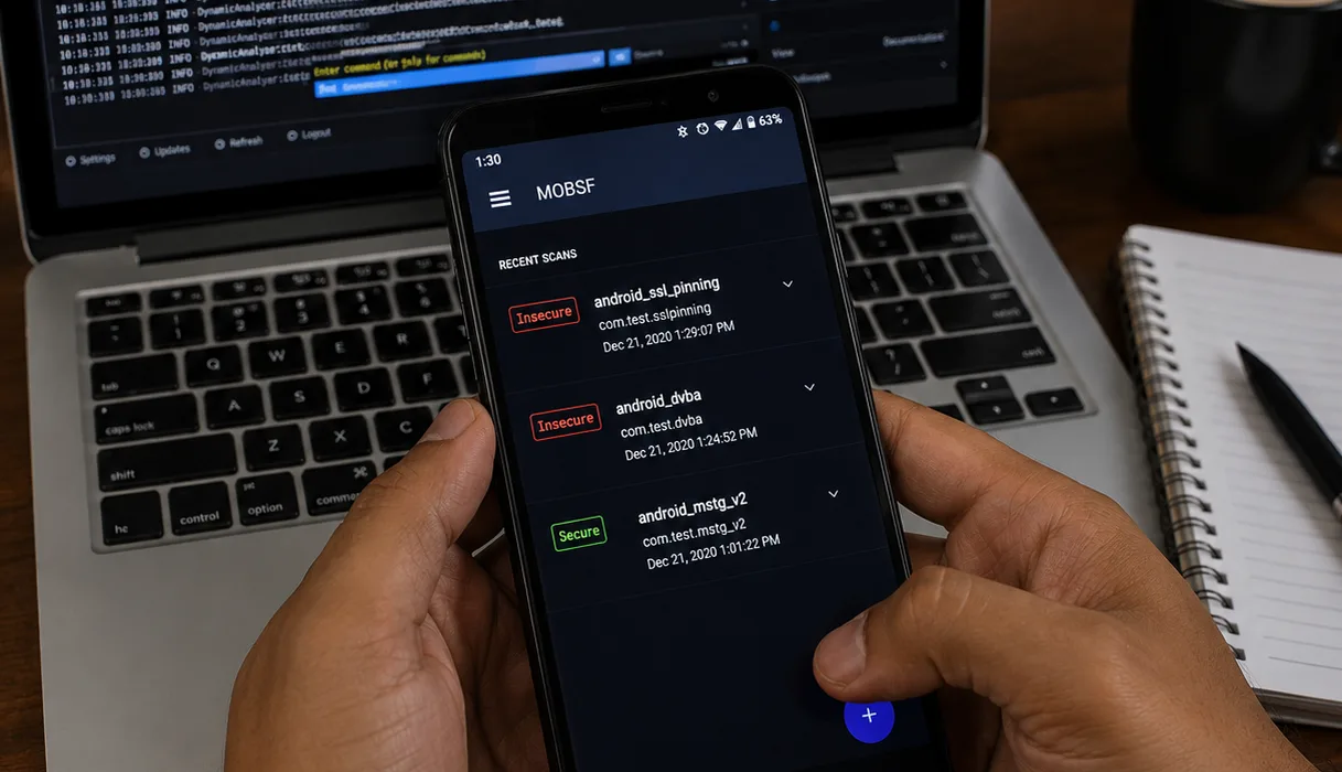 Security analyst reviewing mobile app vulnerability scan results on a smartphone during penetration testing