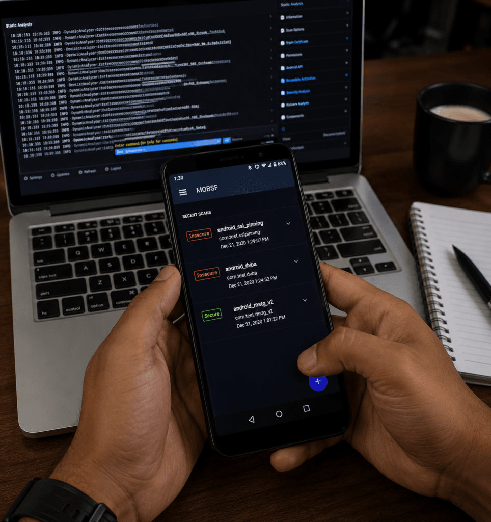 Security analyst reviewing mobile app vulnerability scan results on a smartphone during penetration testing