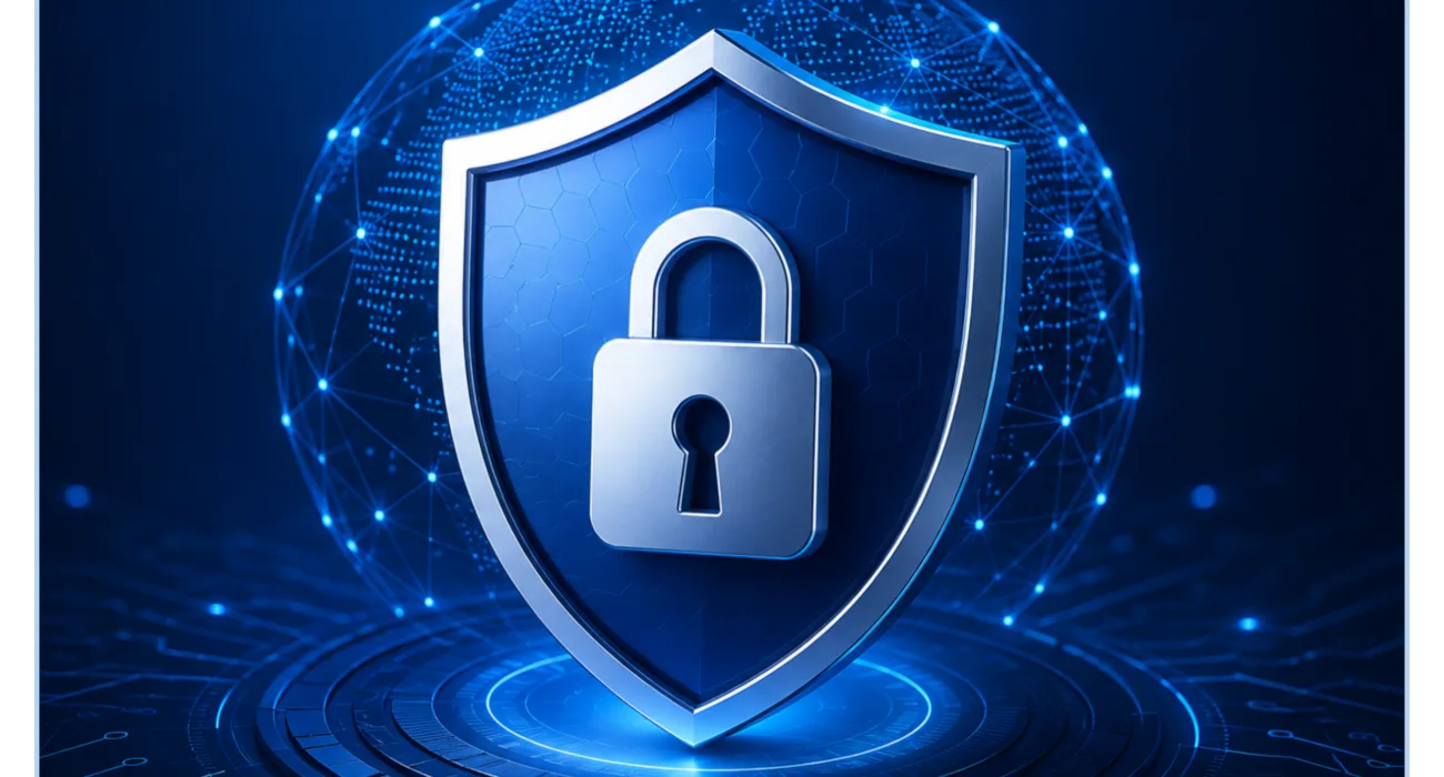 Blue shield and padlock over a global digital network representing worldwide web security protection