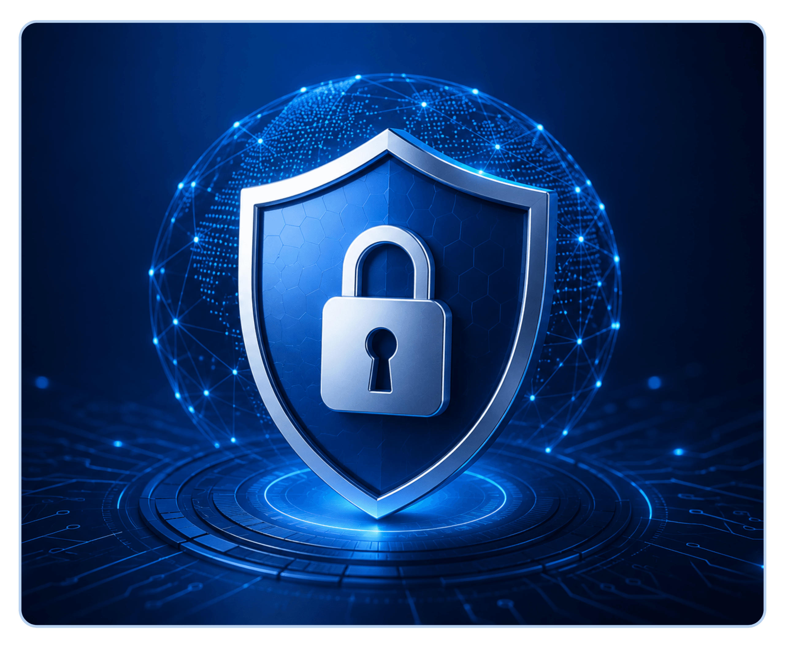 Blue shield and padlock over a global digital network representing worldwide web security protection