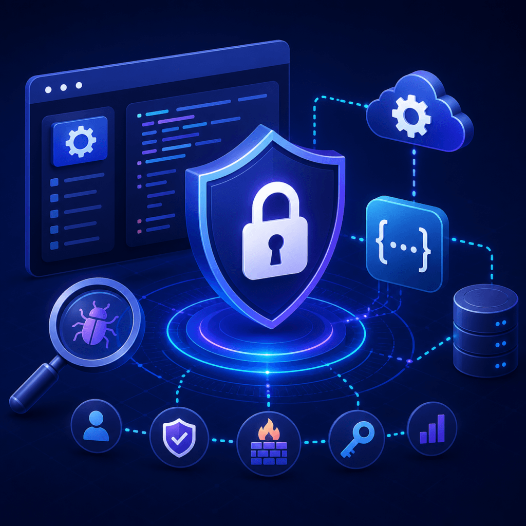 Digital shield with lock icon surrounded by security symbols representing API vulnerability detection