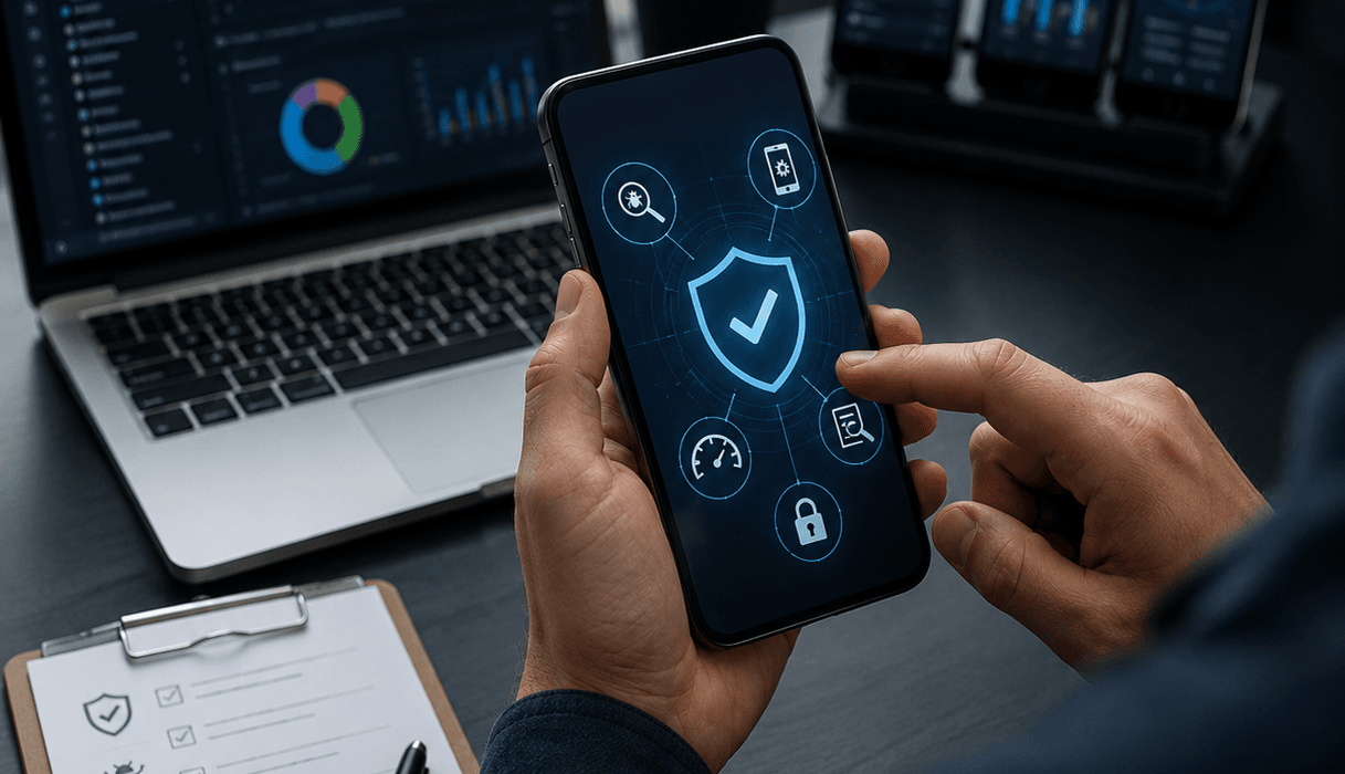 Mobile security checklist with shield and checkmark icon representing verified app protection