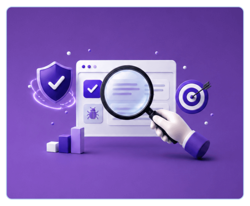 3D icons of a security shield, magnifying glass scan, bug and target representing web vulnerability testing