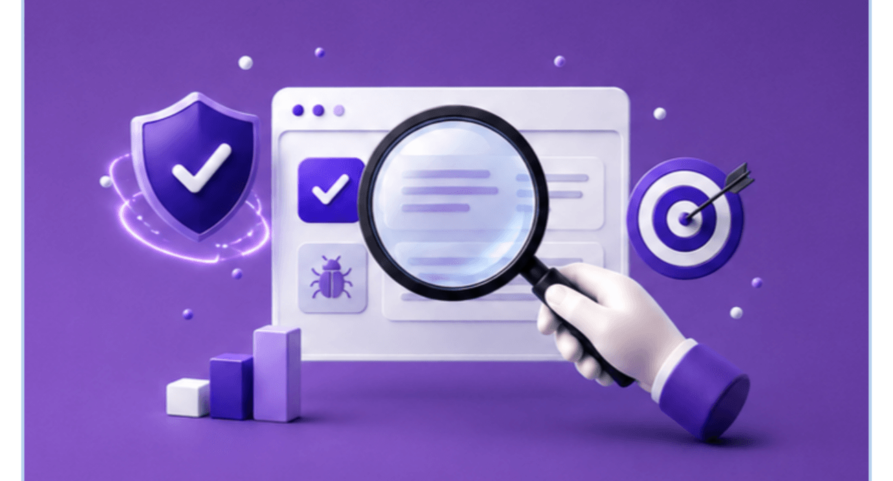 3D icons of a security shield, magnifying glass scan, bug and target representing web vulnerability testing