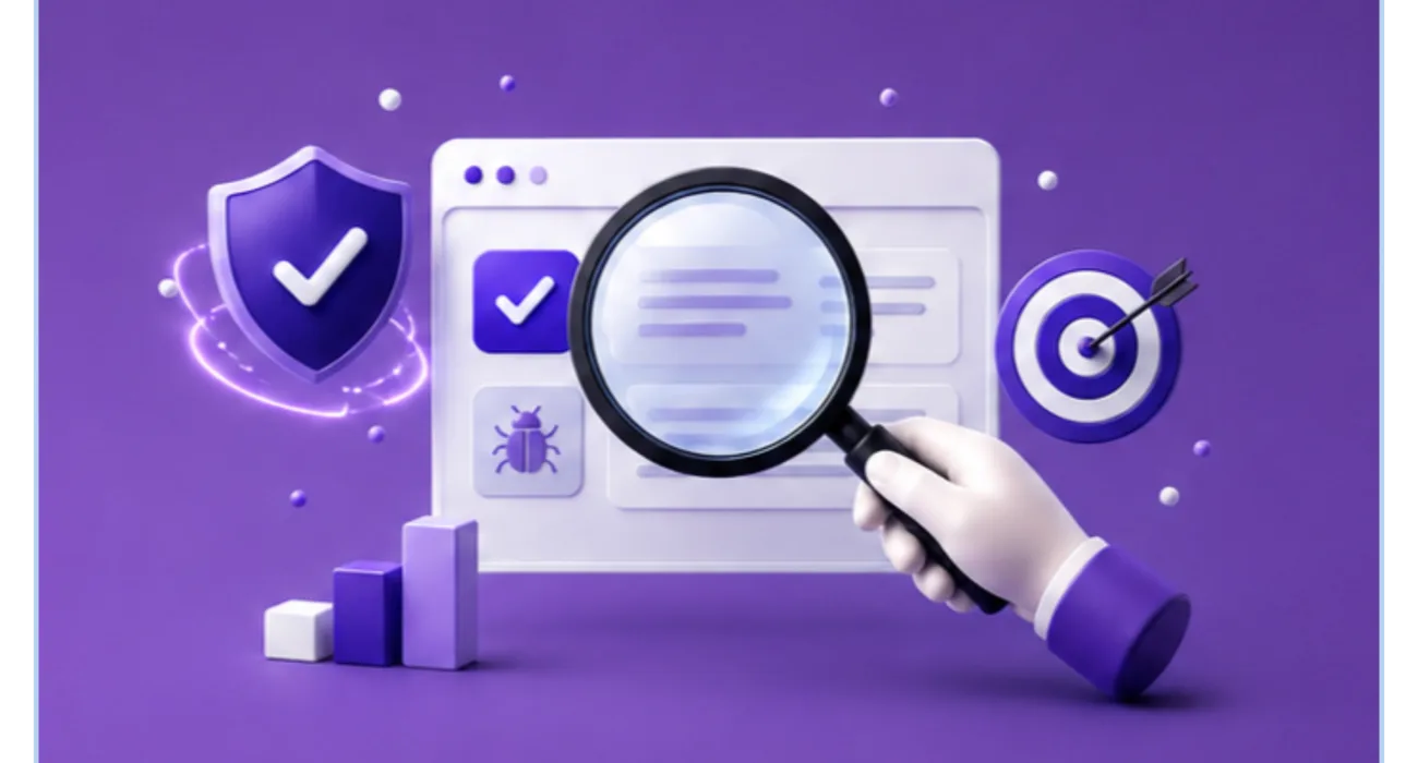 3D icons of a security shield, magnifying glass scan, bug and target representing web vulnerability testing