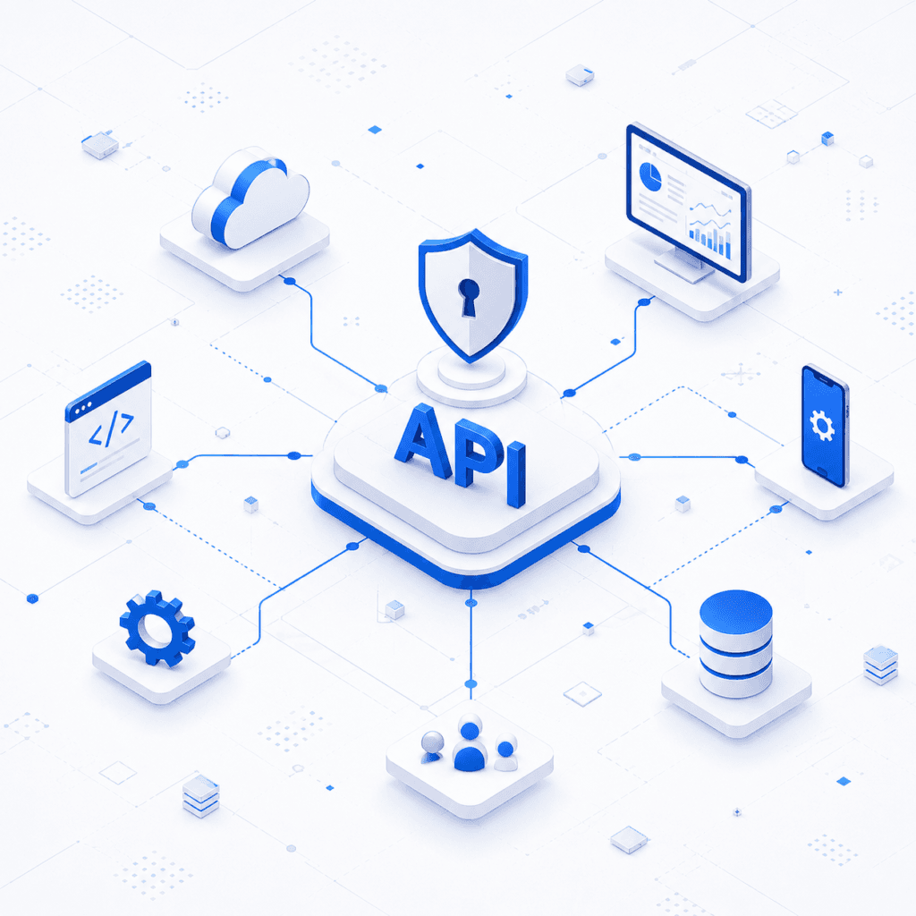 Isometric illustration of API security architecture with encryption, cloud and database protection