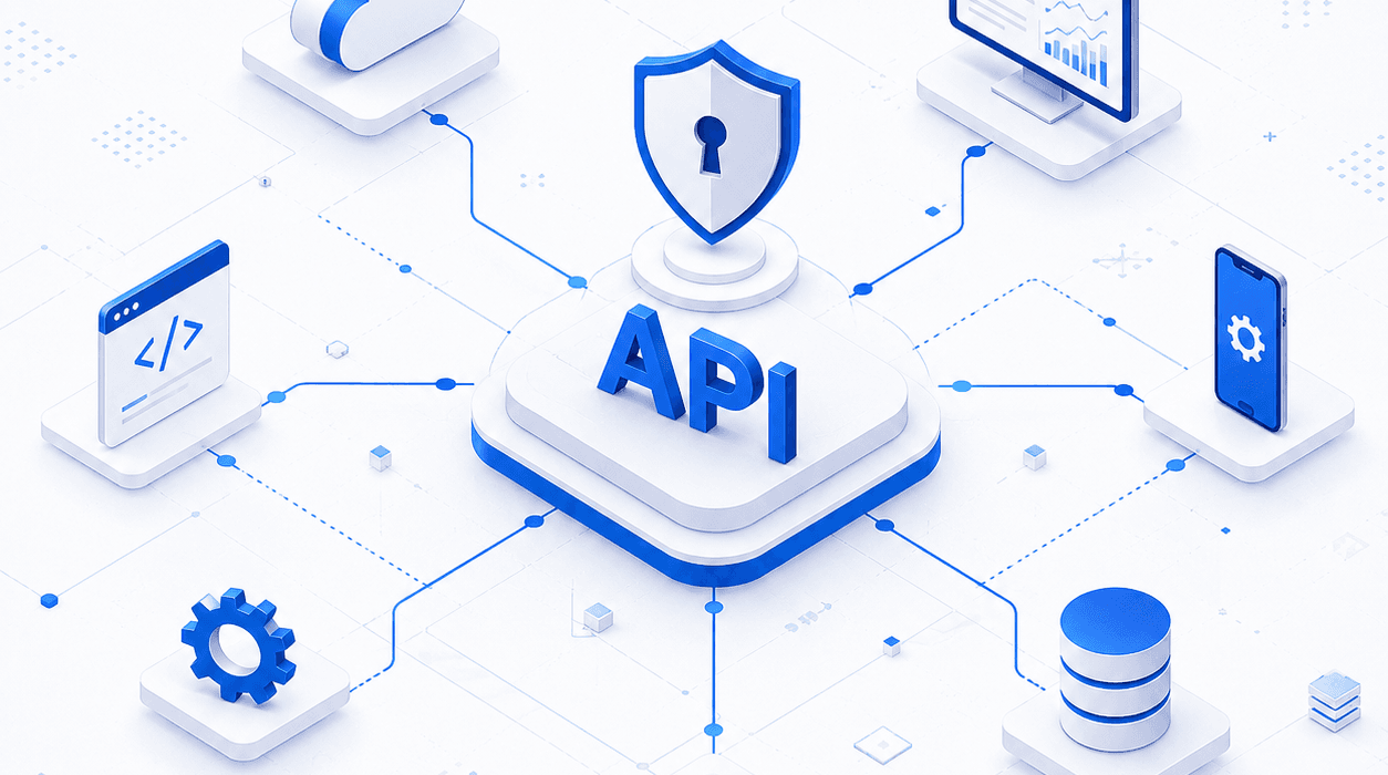 Isometric illustration of API security architecture with encryption, cloud and database protection