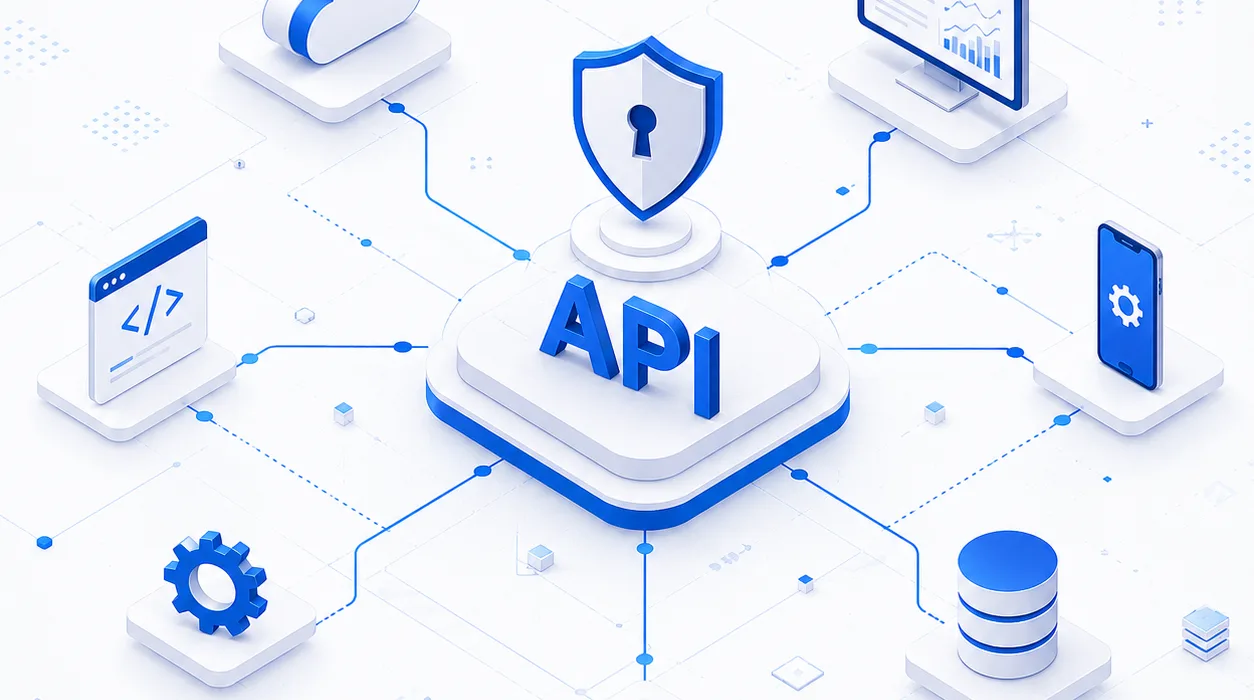 Isometric illustration of API security architecture with encryption, cloud and database protection